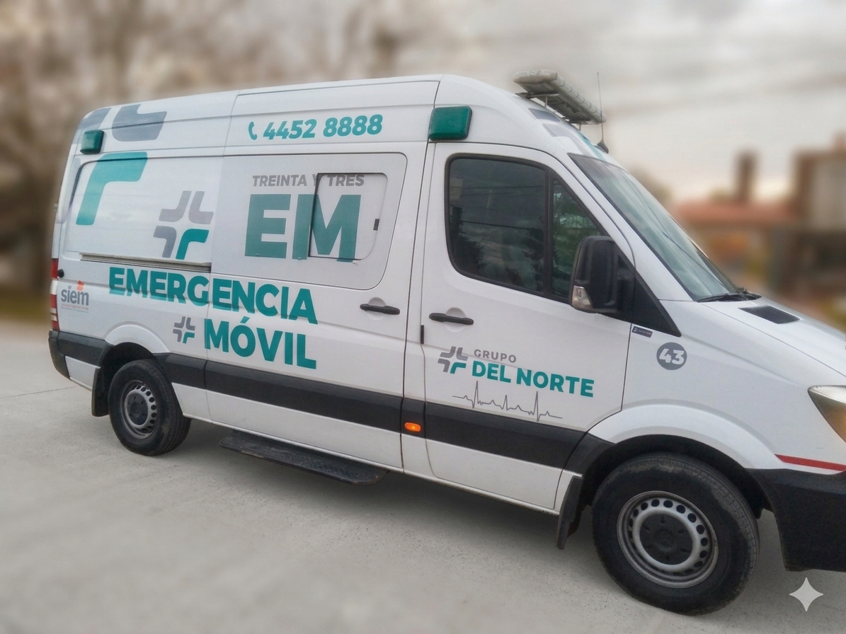 Ambulancia principal EM33 de color blanco con detalles en verde, equipada para emergencias